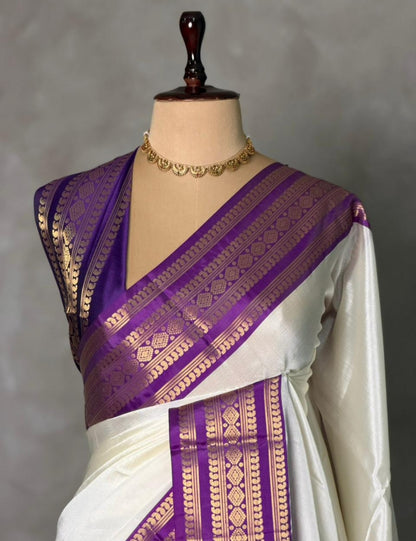 Semi Kanjivaram Silk Saree with Jacquard Zari Weaving Borders – 119 AED
