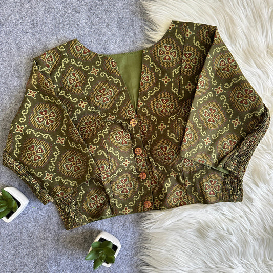 Side Elastic Stretchable Ajrakh Cotton Readymade Blouse – 50 AED