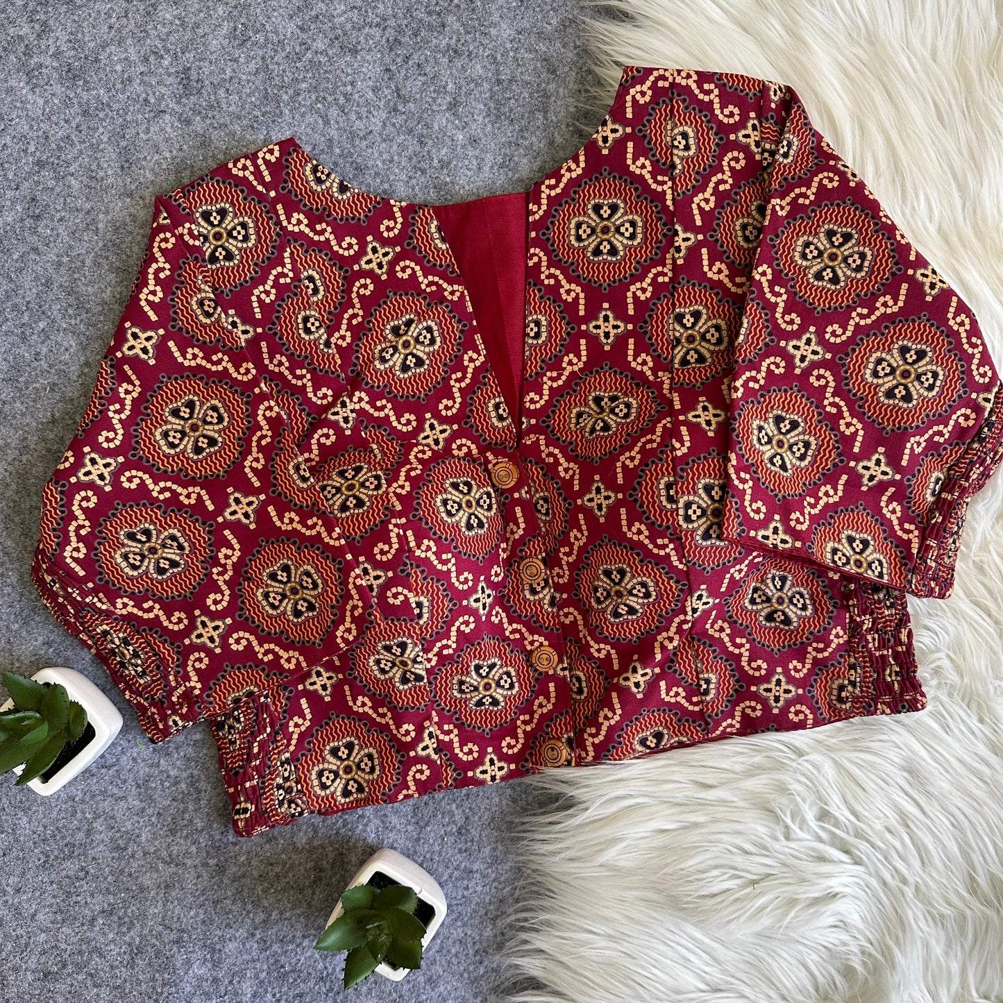 Side Elastic Stretchable Ajrakh Cotton Readymade Blouse – 50 AED