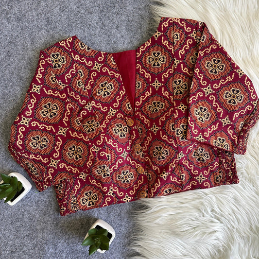 Side Elastic Stretchable Ajrakh Cotton Readymade Blouse – 50 AED