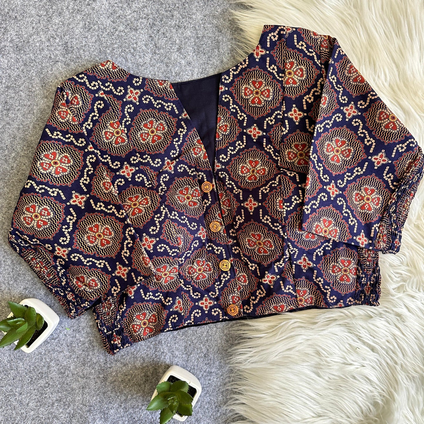 Side Elastic Stretchable Ajrakh Cotton Readymade Blouse – 50 AED