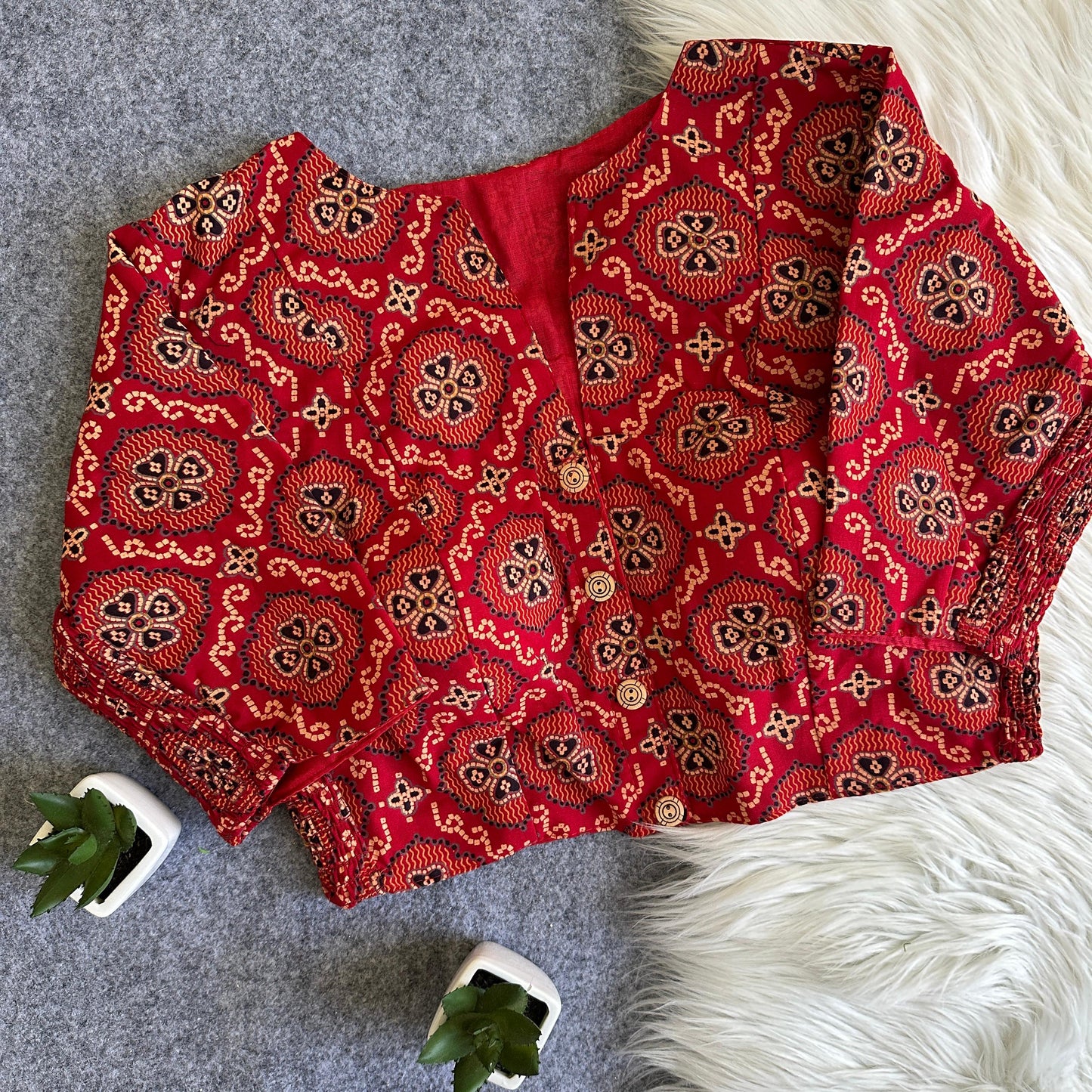 Side Elastic Stretchable Ajrakh Cotton Readymade Blouse – 50 AED