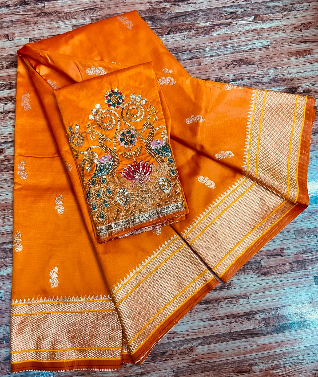 Semi Silk Saree with Sequins Embroidered & Bead Work Blouse Fabric – 99 AED