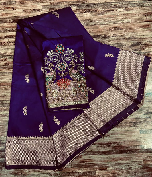 Semi Silk Saree with Sequins Embroidered & Bead Work Blouse Fabric – 99 AED