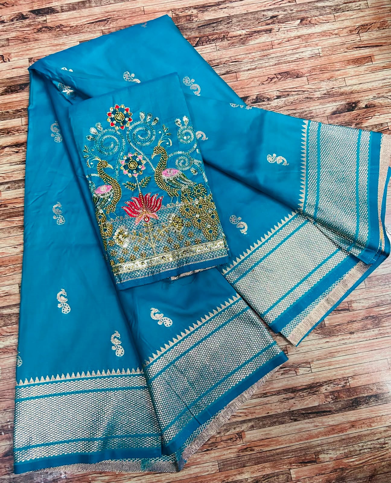 Semi Silk Saree with Sequins Embroidered & Bead Work Blouse Fabric – 99 AED