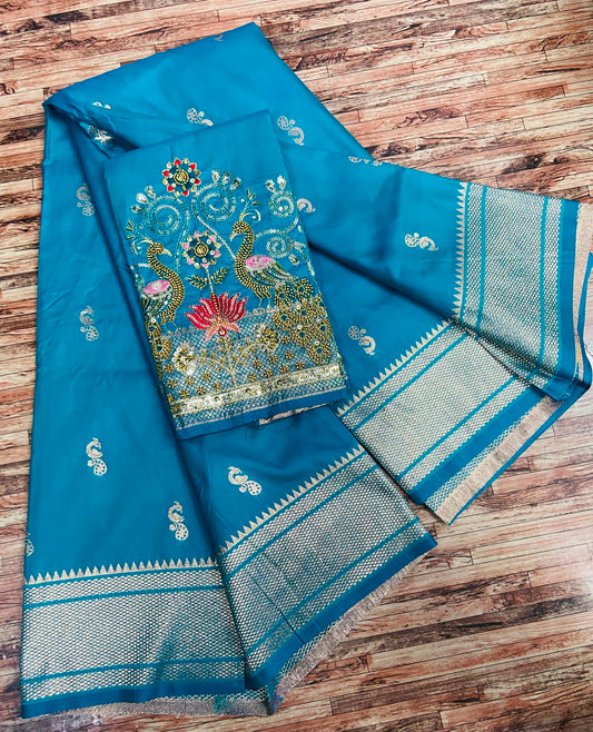 Semi Silk Saree with Sequins Embroidered & Bead Work Blouse Fabric – 99 AED