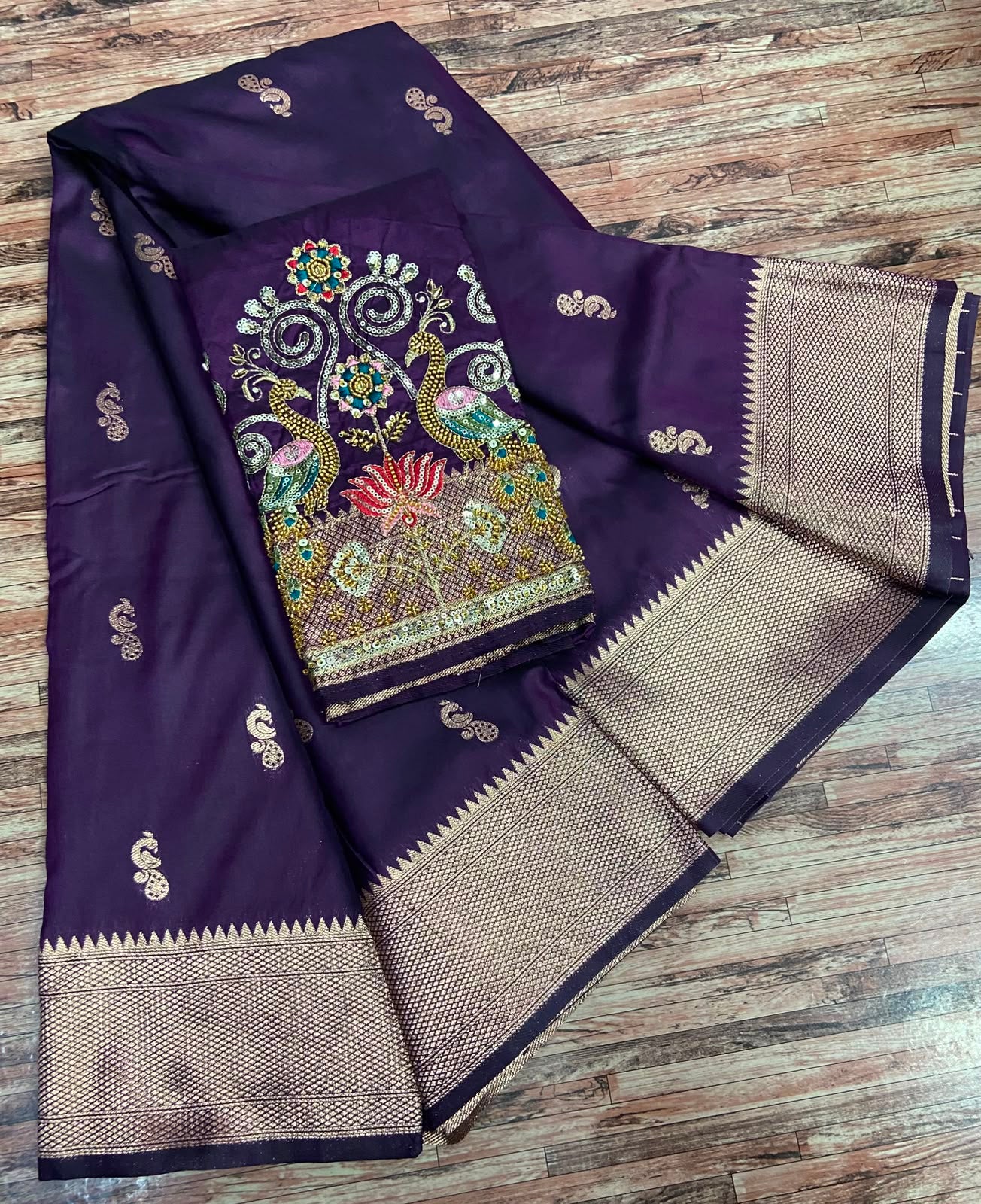 Semi Silk Saree with Sequins Embroidered & Bead Work Blouse Fabric – 99 AED