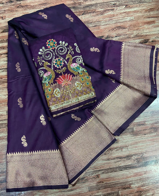 Semi Silk Saree with Sequins Embroidered & Bead Work Blouse Fabric – 99 AED