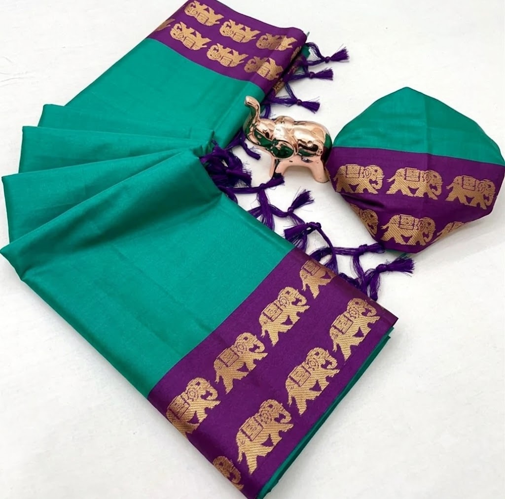 Cotton Silk Weaving Saree with Elephant Zari Weaving Borders – 50 AED