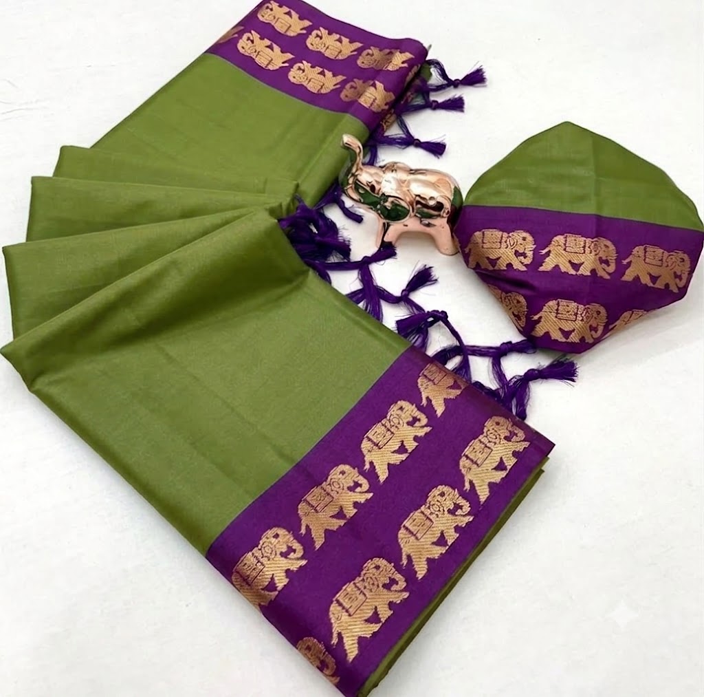 Cotton Silk Weaving Saree with Elephant Zari Weaving Borders – 50 AED