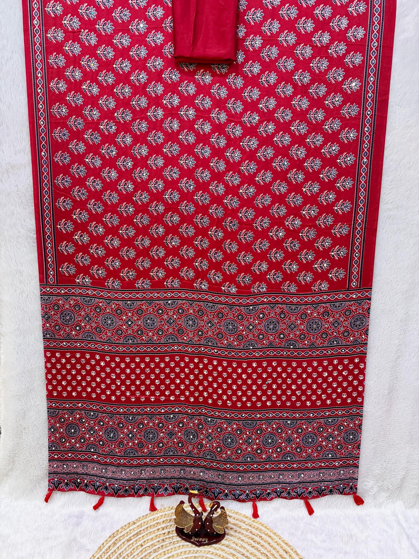 Ajrakh Semi Modal Crepe Silk Saree with Real Mirror Work – 99 AED