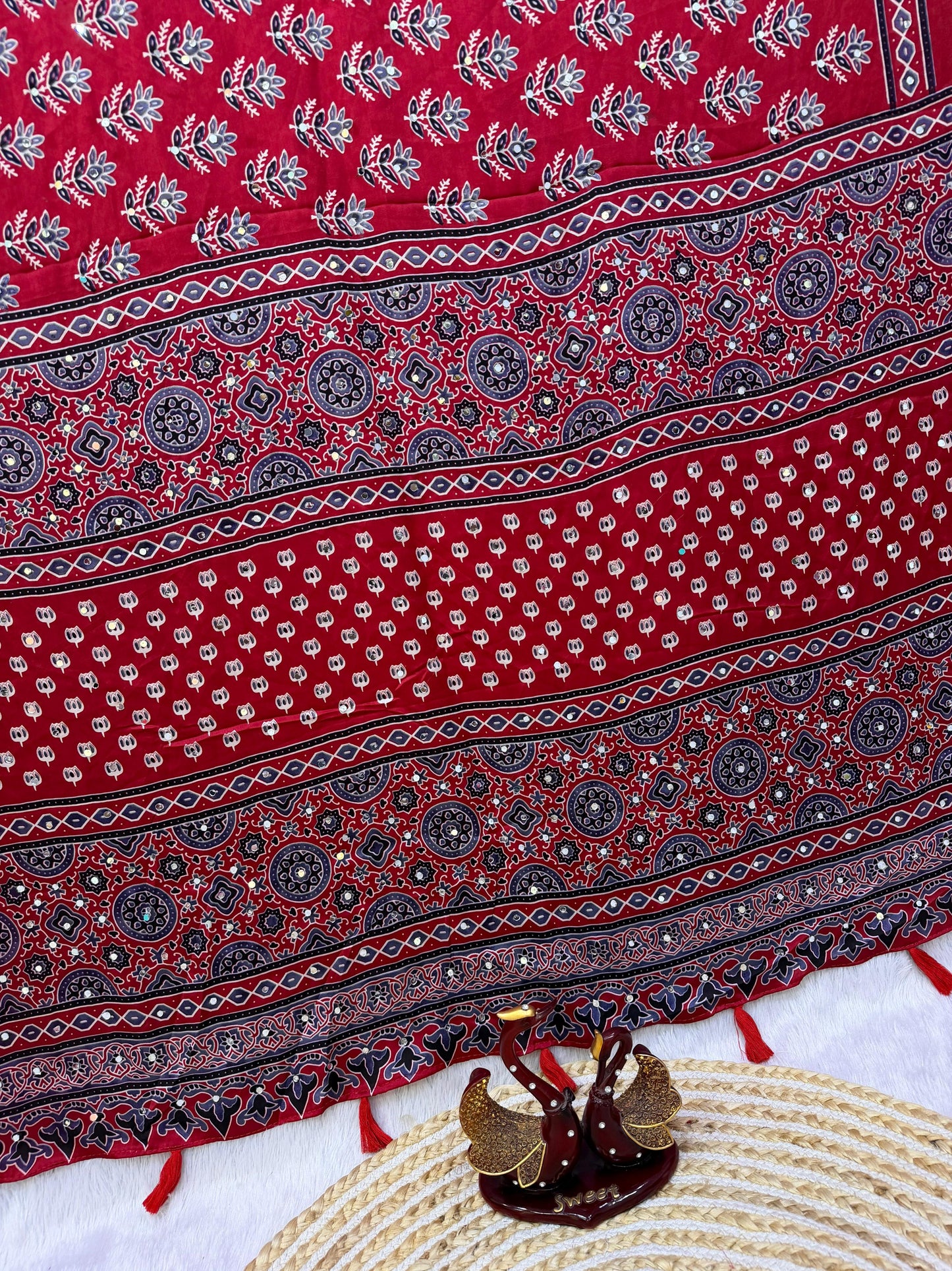 Ajrakh Semi Modal Crepe Silk Saree with Real Mirror Work – 99 AED