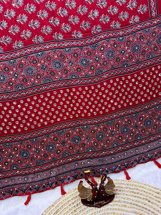 Ajrakh Semi Modal Crepe Silk Saree with Real Mirror Work – 99 AED