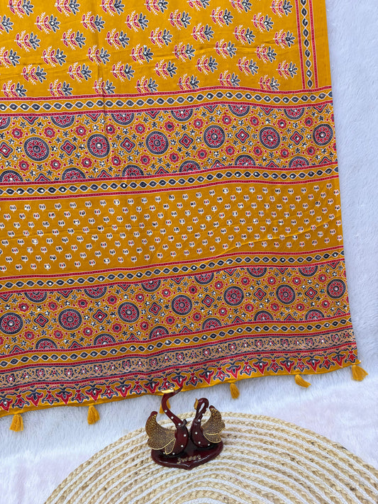 Ajrakh Semi Modal Crepe Silk Saree with Real Mirror Work – 99 AED