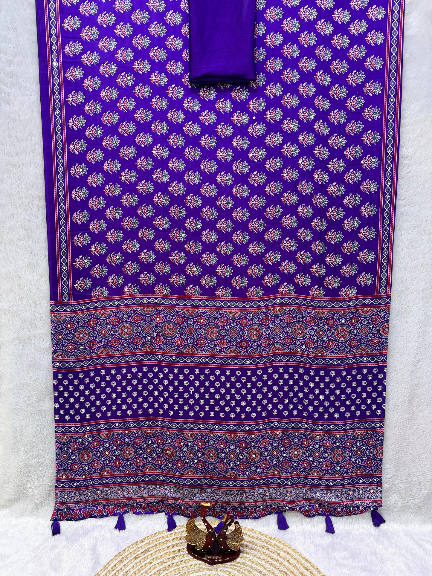 Ajrakh Semi Modal Crepe Silk Saree with Real Mirror Work – 99 AED