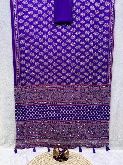 Ajrakh Semi Modal Crepe Silk Saree with Real Mirror Work – 99 AED