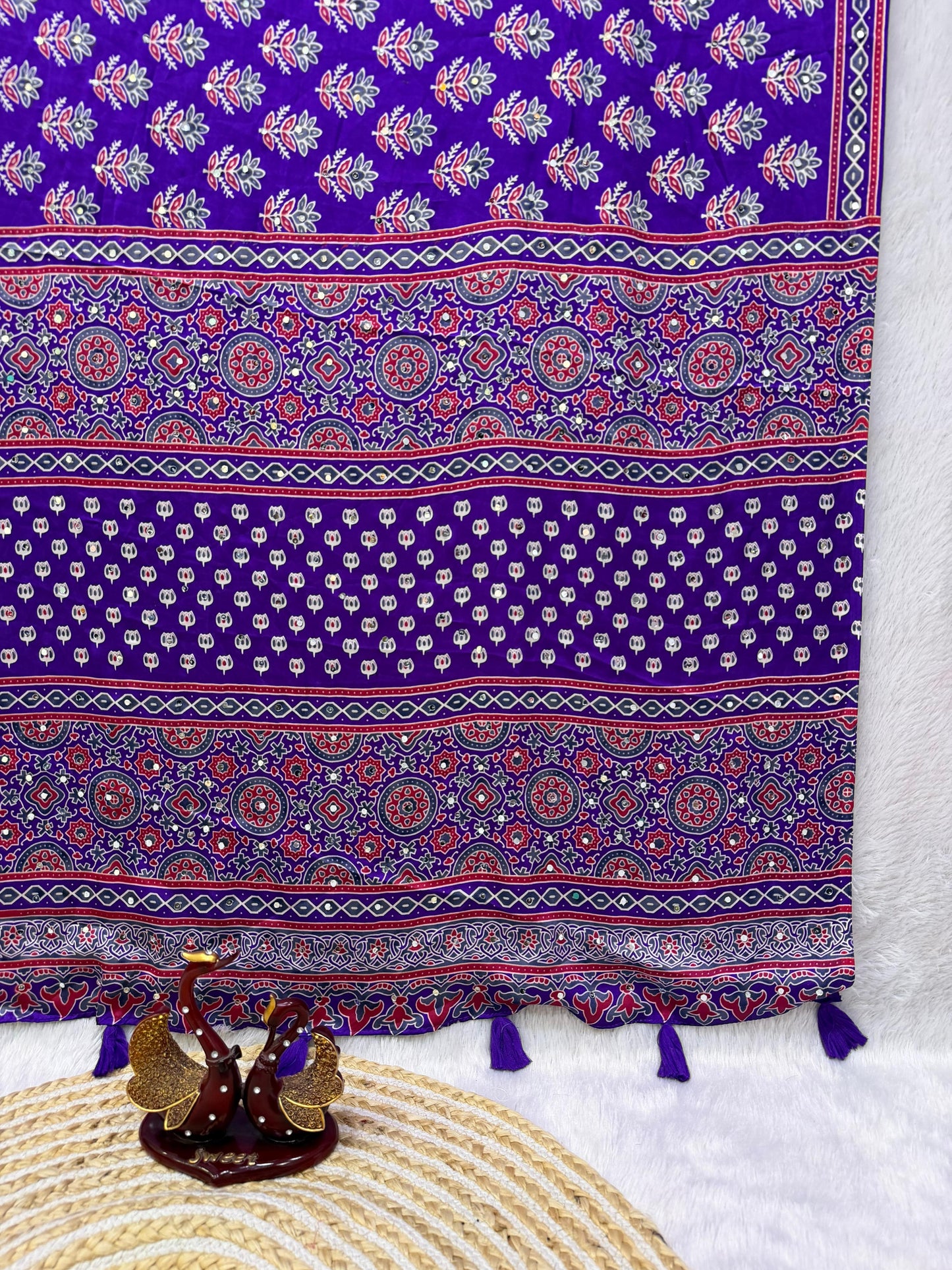 Ajrakh Semi Modal Crepe Silk Saree with Real Mirror Work – 99 AED