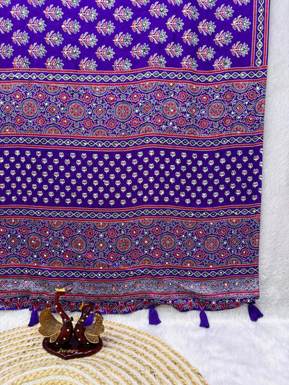Ajrakh Semi Modal Crepe Silk Saree with Real Mirror Work – 99 AED