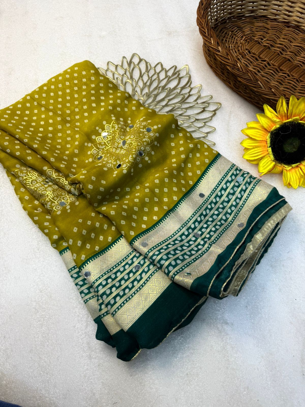 Chinnon Chiffon Saree with Real Mirror Work & Foil Border – 69 AED