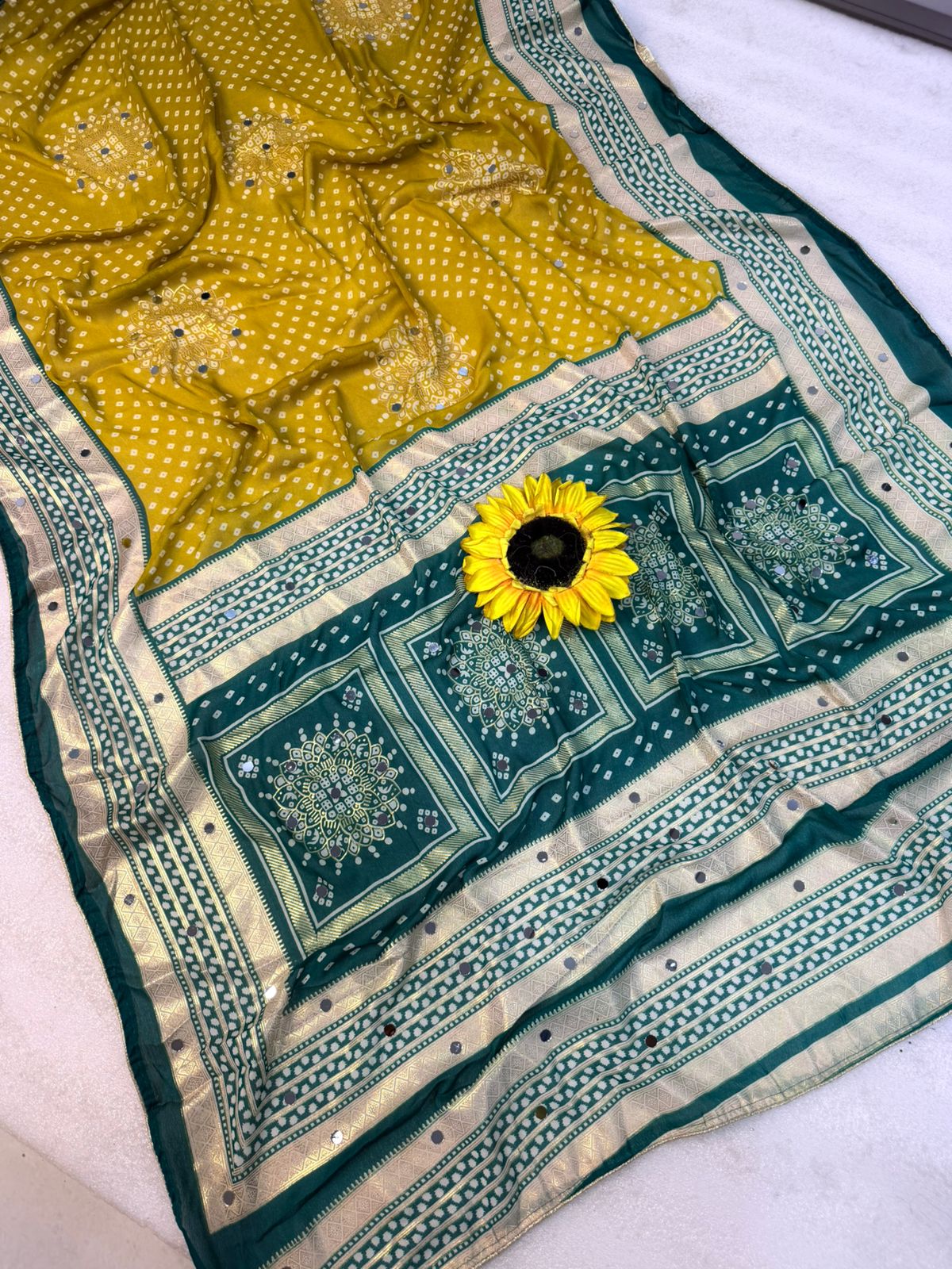 Chinnon Chiffon Saree with Real Mirror Work & Foil Border – 69 AED