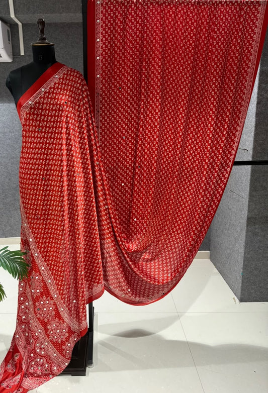 Real Mirror Work Ajrakh Crepe Silk Saree – 99 AED