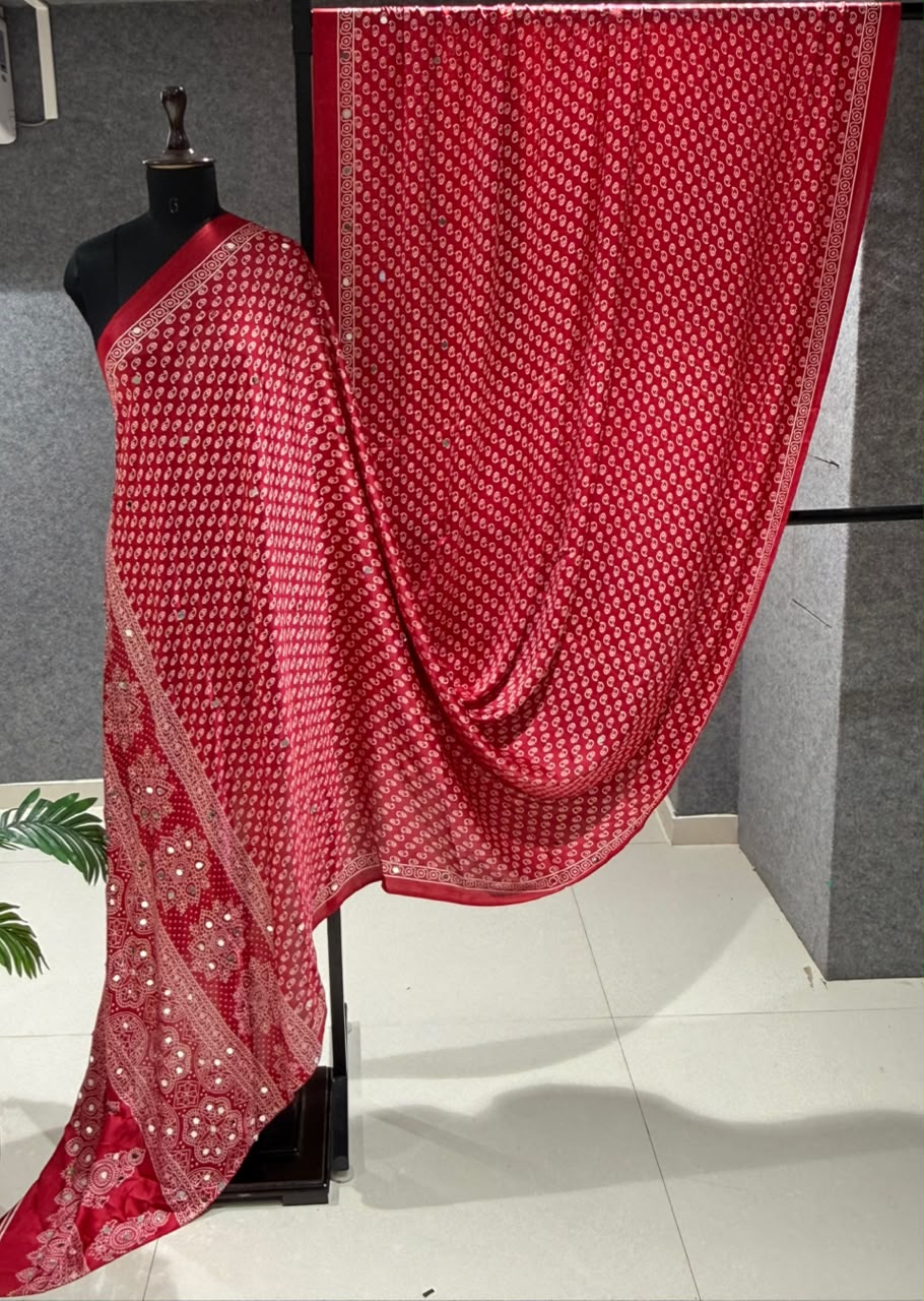 Real Mirror Work Ajrakh Crepe Silk Saree – 99 AED