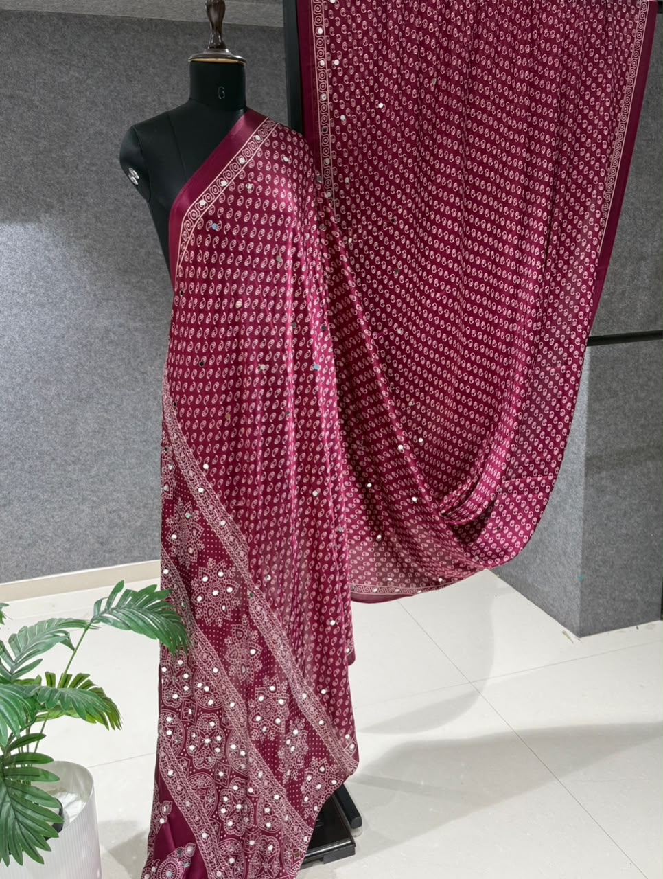 Real Mirror Work Ajrakh Crepe Silk Saree – 99 AED