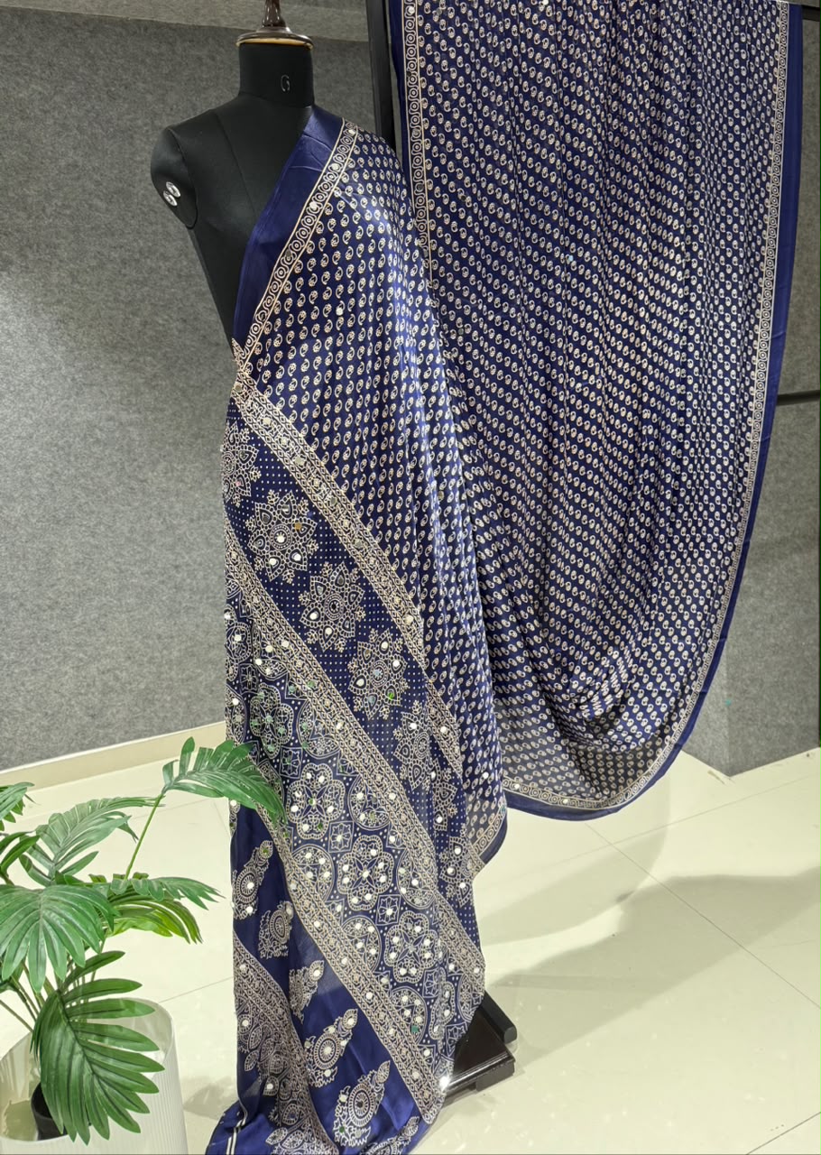 Real Mirror Work Ajrakh Crepe Silk Saree – 99 AED