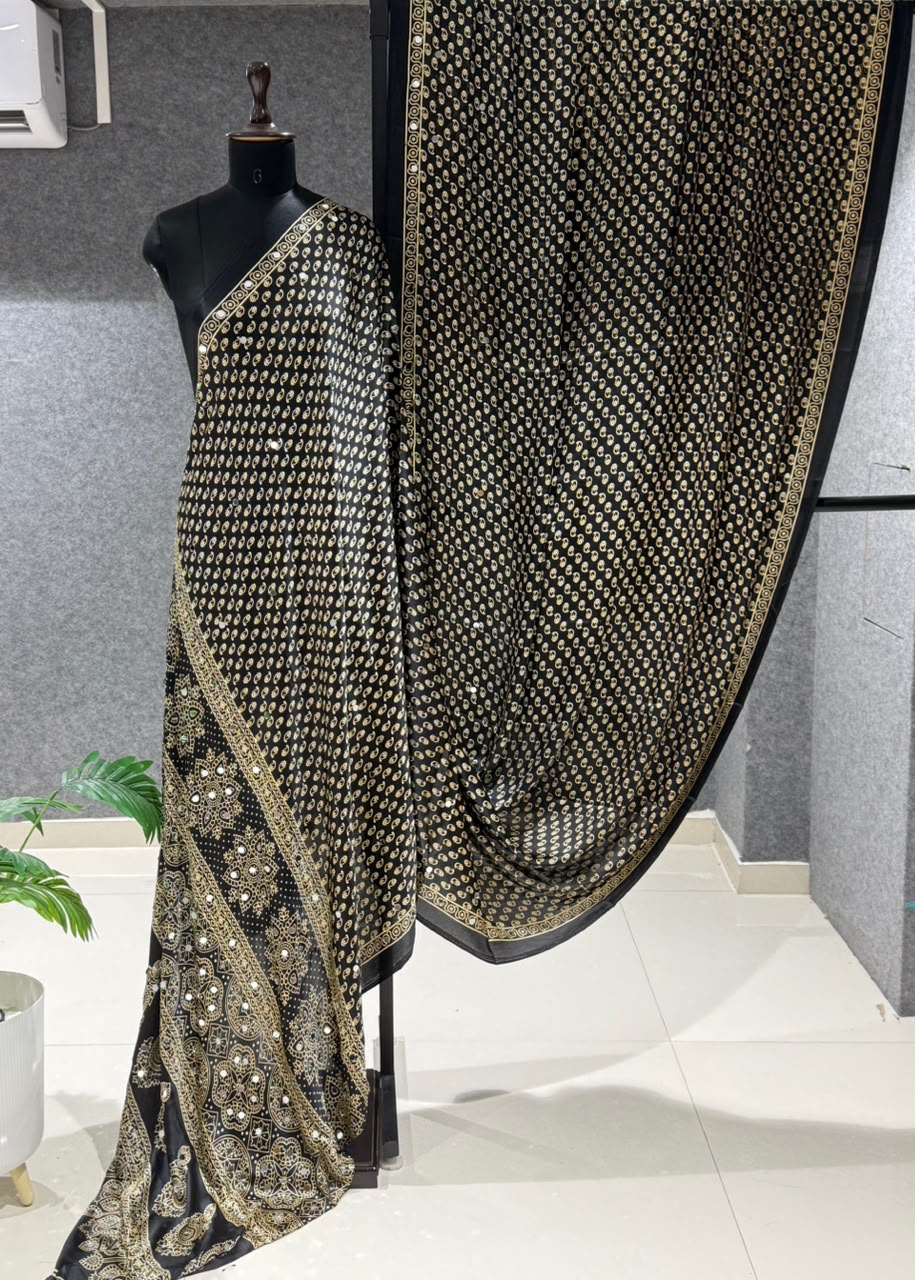 Real Mirror Work Ajrakh Crepe Silk Saree – 99 AED