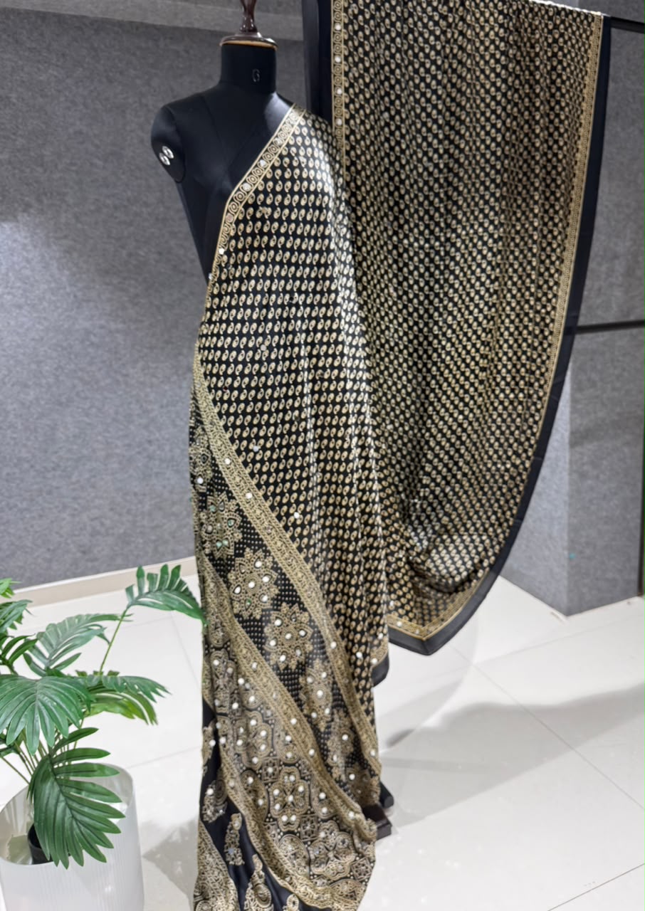 Real Mirror Work Ajrakh Crepe Silk Saree – 99 AED