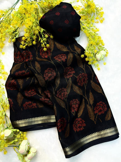 Soft Tussar Silk Floral Saree – 75 AED