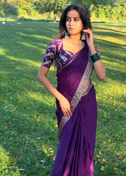 Viscose Chinnon Silk Saree with Viscose Zari Weaving Borders – 119 AED