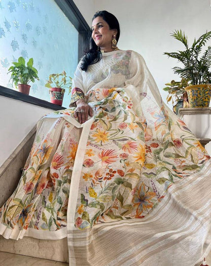 Linen Slub Cotton Floral Saree – 59 AED