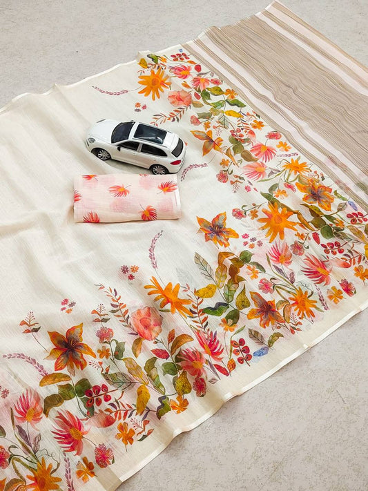 Linen Slub Cotton Floral Saree – 59 AED