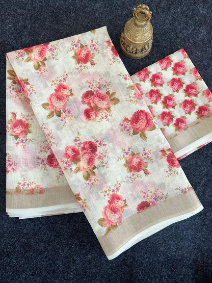 Linen Slub Cotton Floral Saree – 59 AED