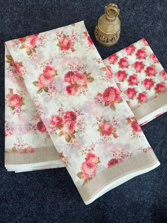 Linen Slub Cotton Floral Saree – 59 AED