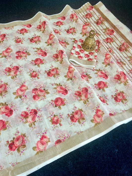 Linen Slub Cotton Floral Saree – 59 AED