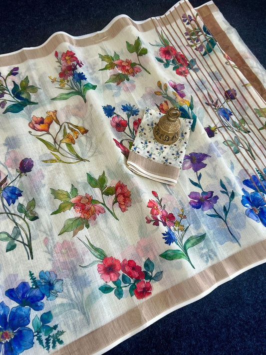 Linen Slub Cotton Floral Saree – 59 AED