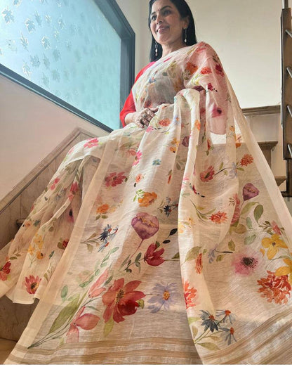 Linen Slub Cotton Floral Saree – 59 AED
