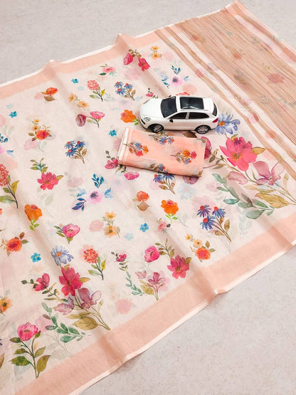 Linen Slub Cotton Floral Saree – 59 AED