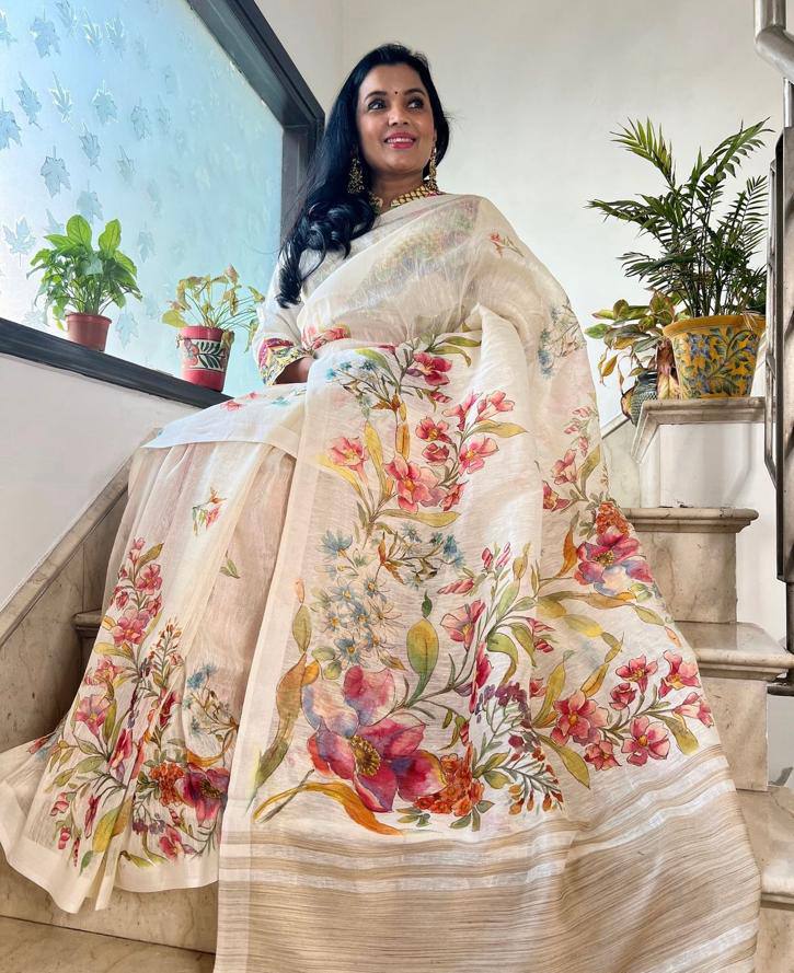 Linen Slub Cotton Floral Saree – 59 AED
