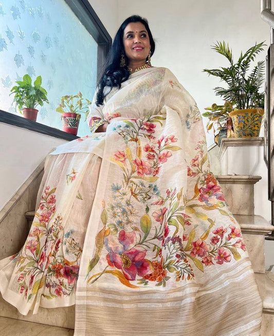 Linen Slub Cotton Floral Saree – 59 AED
