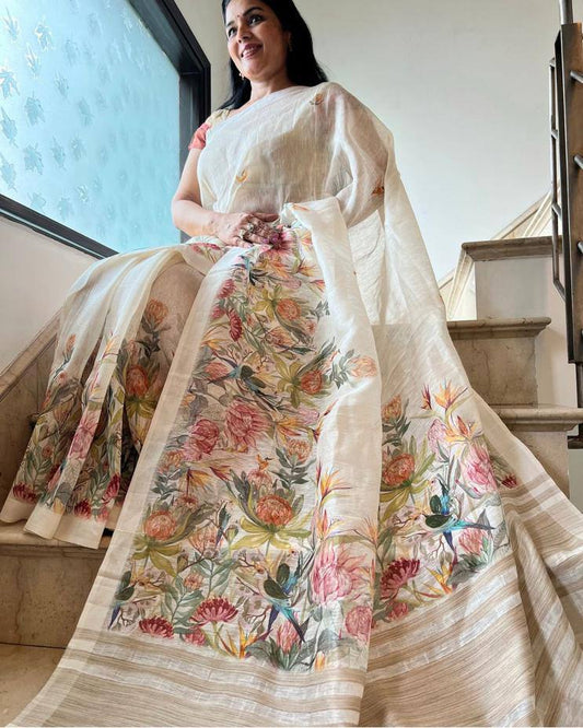 Linen Slub Cotton Floral Saree – 59 AED