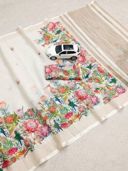 Linen Slub Cotton Floral Saree – 59 AED