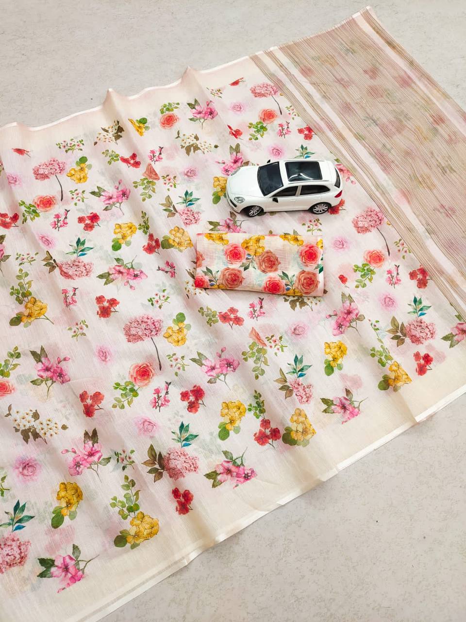 Linen Slub Cotton Floral Saree – 59 AED