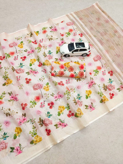 Linen Slub Cotton Floral Saree – 59 AED
