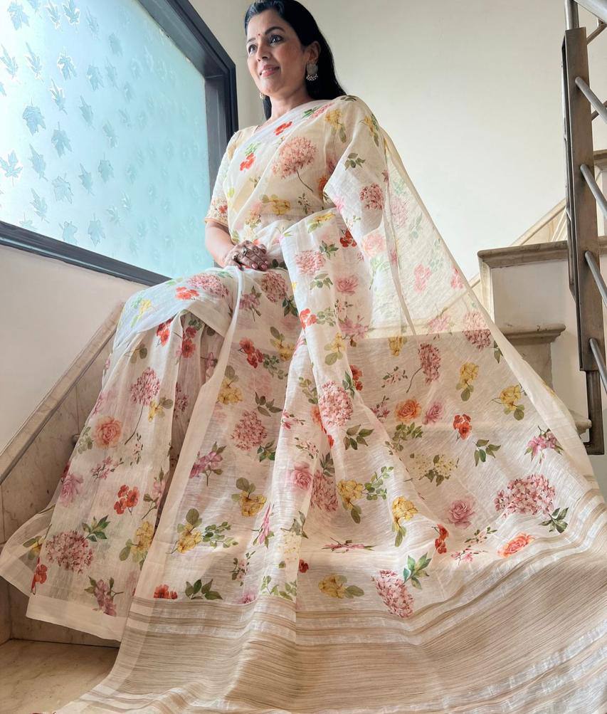 Linen Slub Cotton Floral Saree – 59 AED
