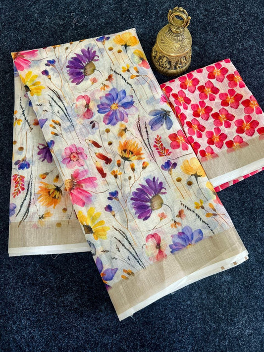 Linen Slub Cotton Floral Saree – 59 AED
