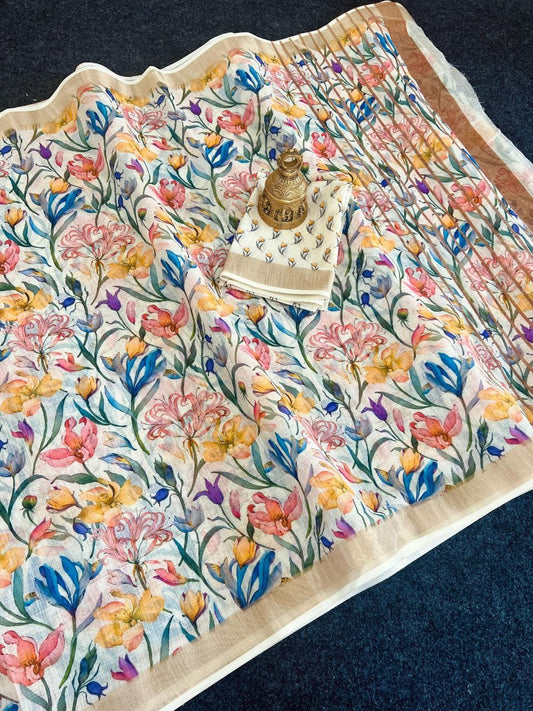 Linen Slub Cotton Floral Saree – 59 AED