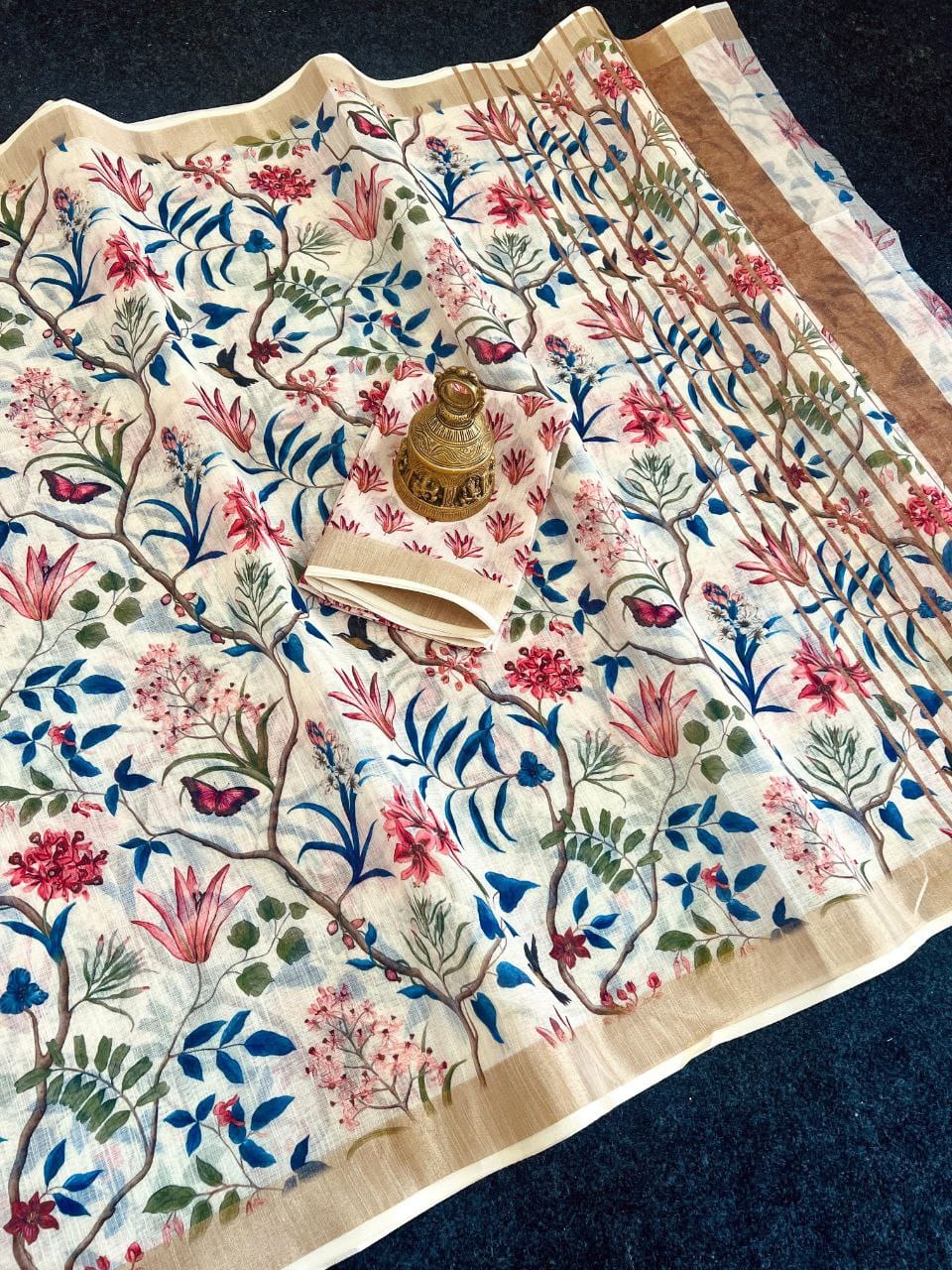 Linen Slub Cotton Floral Saree – 59 AED